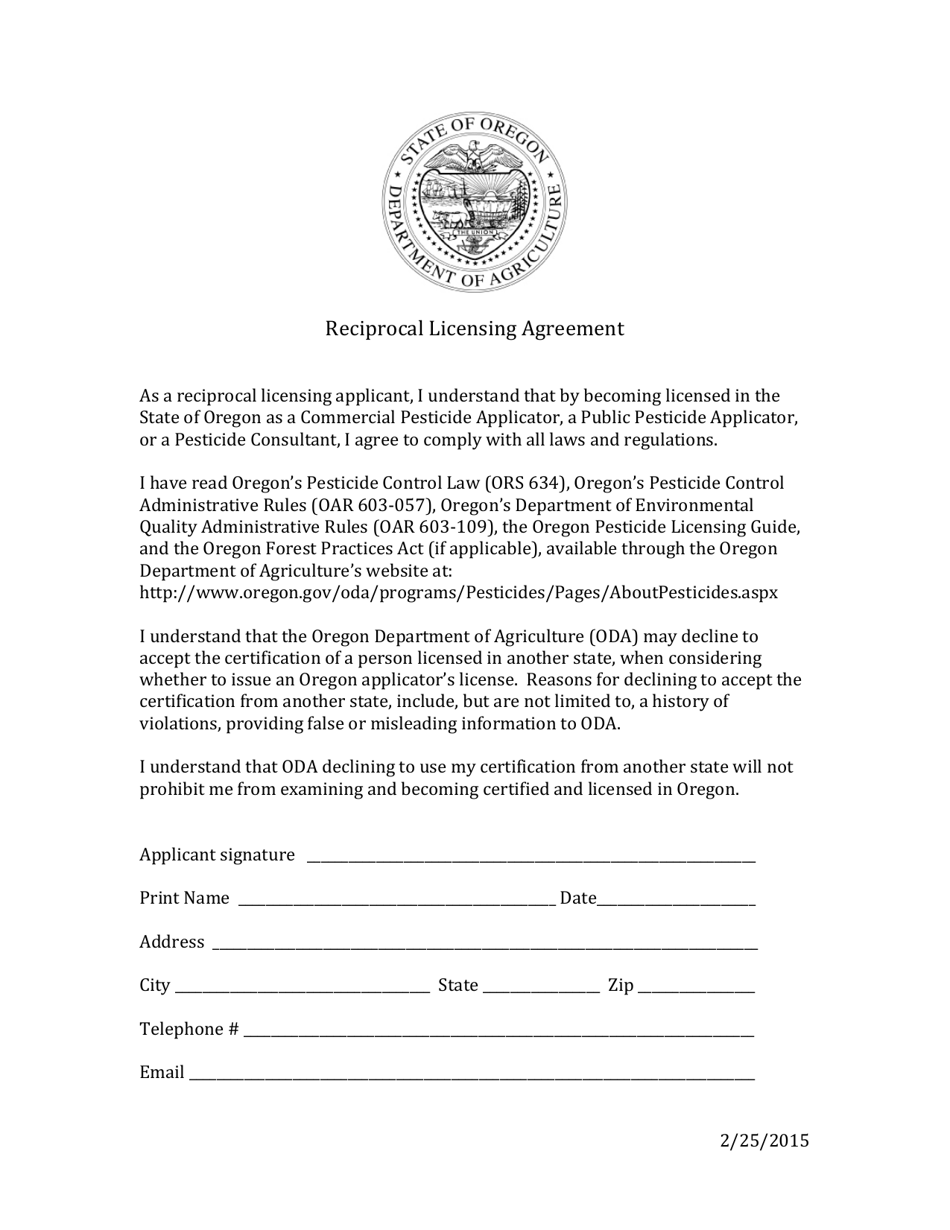 Oregon Reciprocal Licensing Agreement Fill Out, Sign Online and