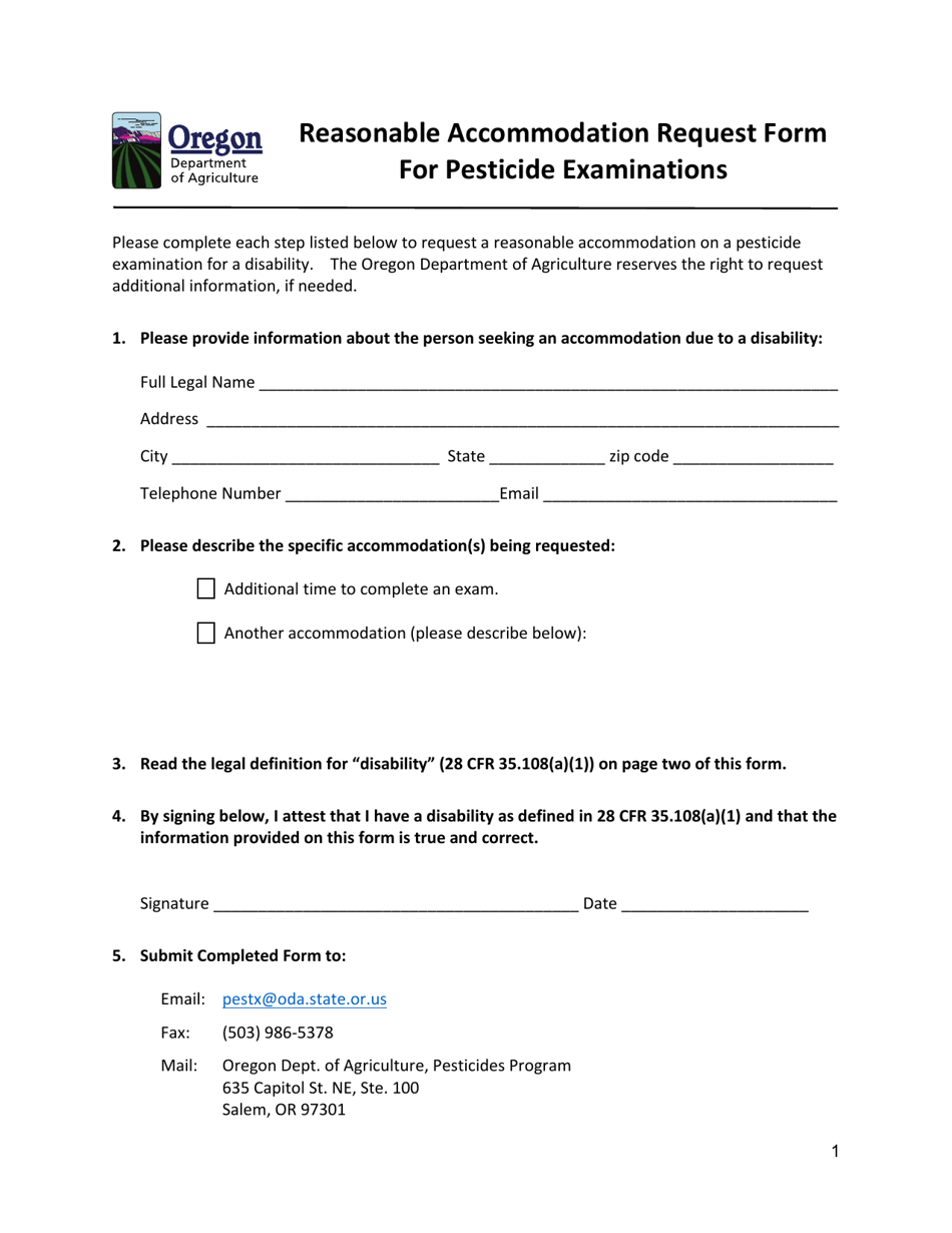 Reasonable Accommodation Request Form for Pesticide Examinations - Oregon, Page 1