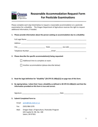 Document preview: Reasonable Accommodation Request Form for Pesticide Examinations - Oregon