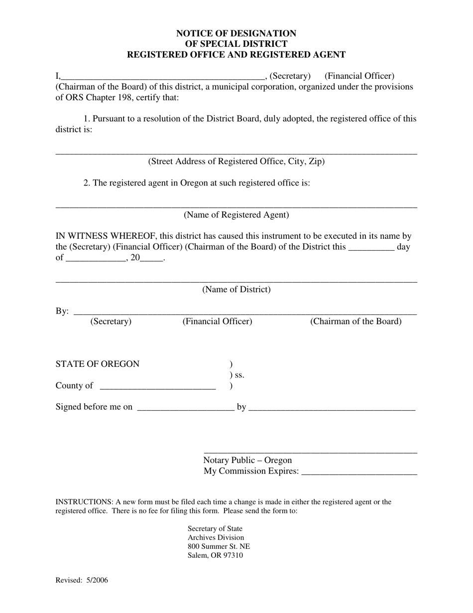 Notice of Designation of Special District Registered Office and Registered Agent - Oregon, Page 1