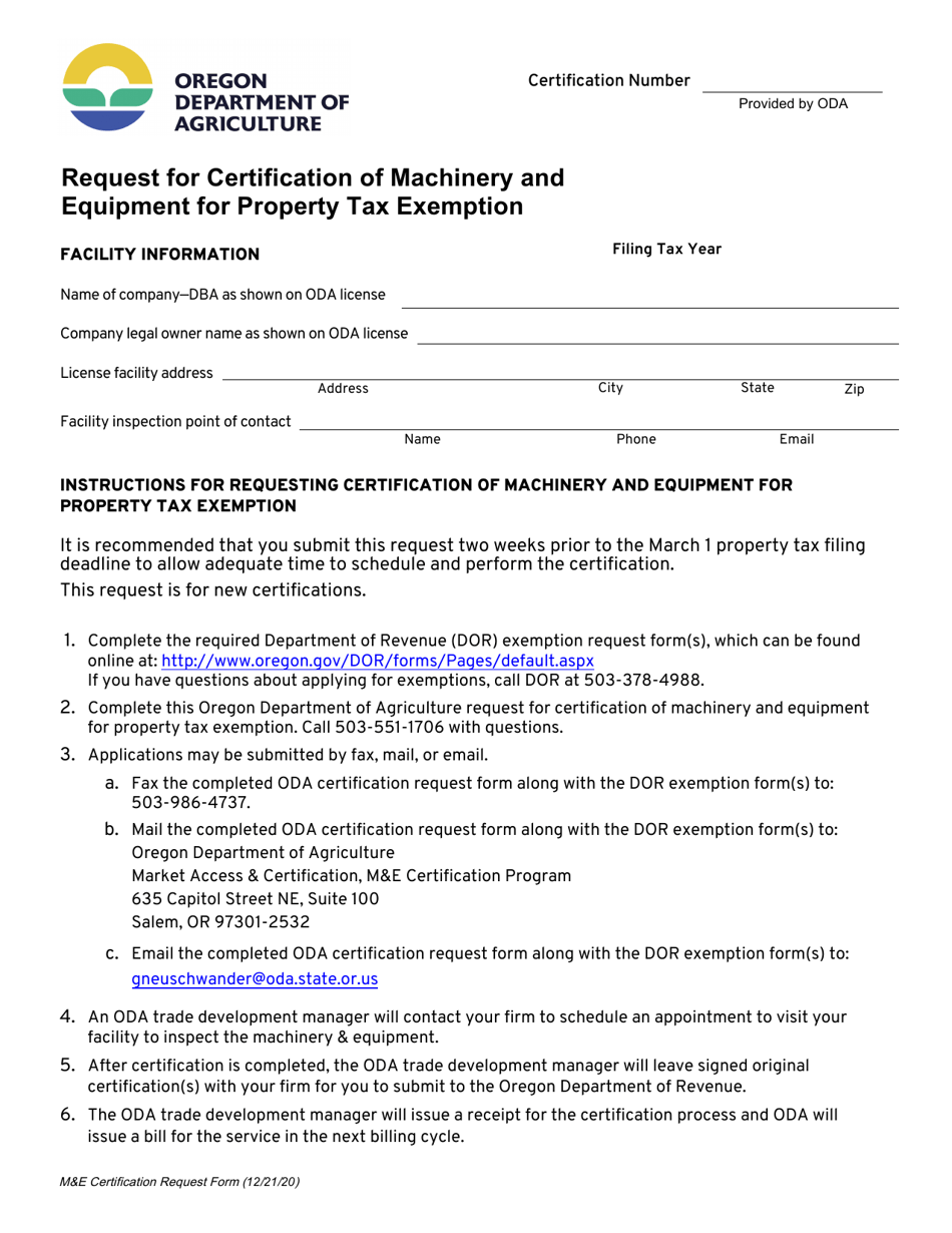 Request for Certification of Machinery and Equipment for Property Tax Exemption - Oregon, Page 1