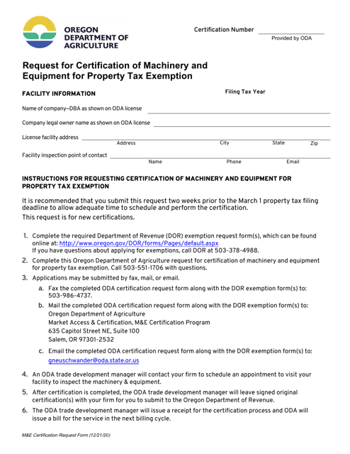 Request for Certification of Machinery and Equipment for Property Tax Exemption - Oregon Download Pdf