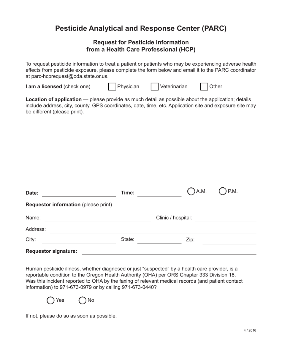 Request for Pesticide Information From a Health Care Professional (Hcp) - Oregon, Page 1