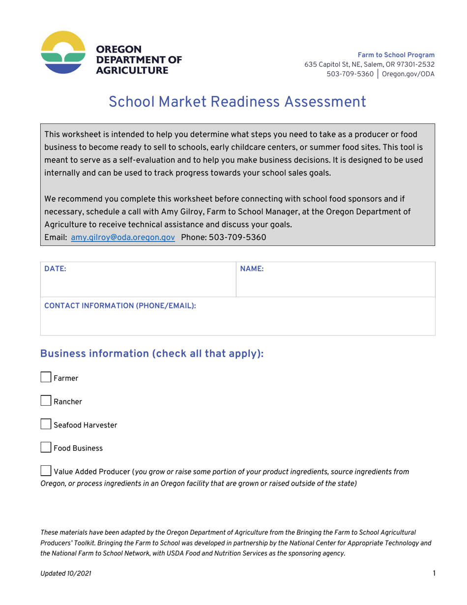 School Market Readiness Assessment - Oregon, Page 1