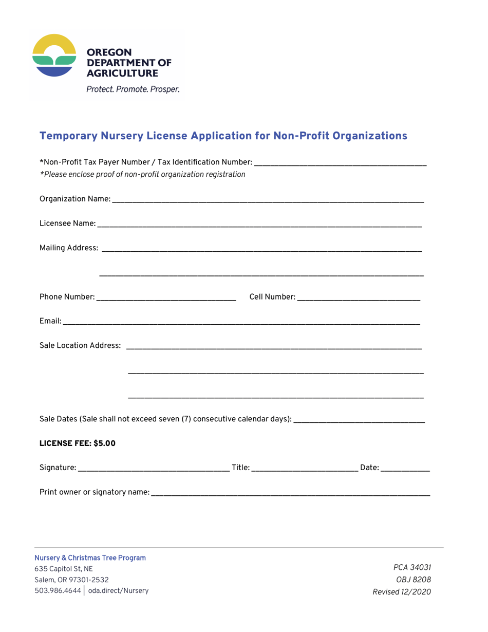 Temporary Nursery License Application for Non-profit Organizations - Oregon, Page 1