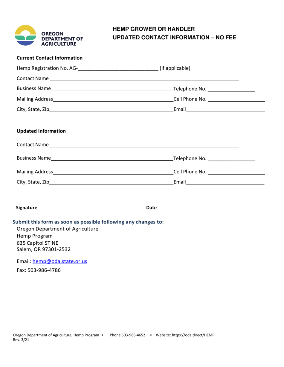 Hemp Grower or Handler Updated Contact Information - Oregon, Page 1