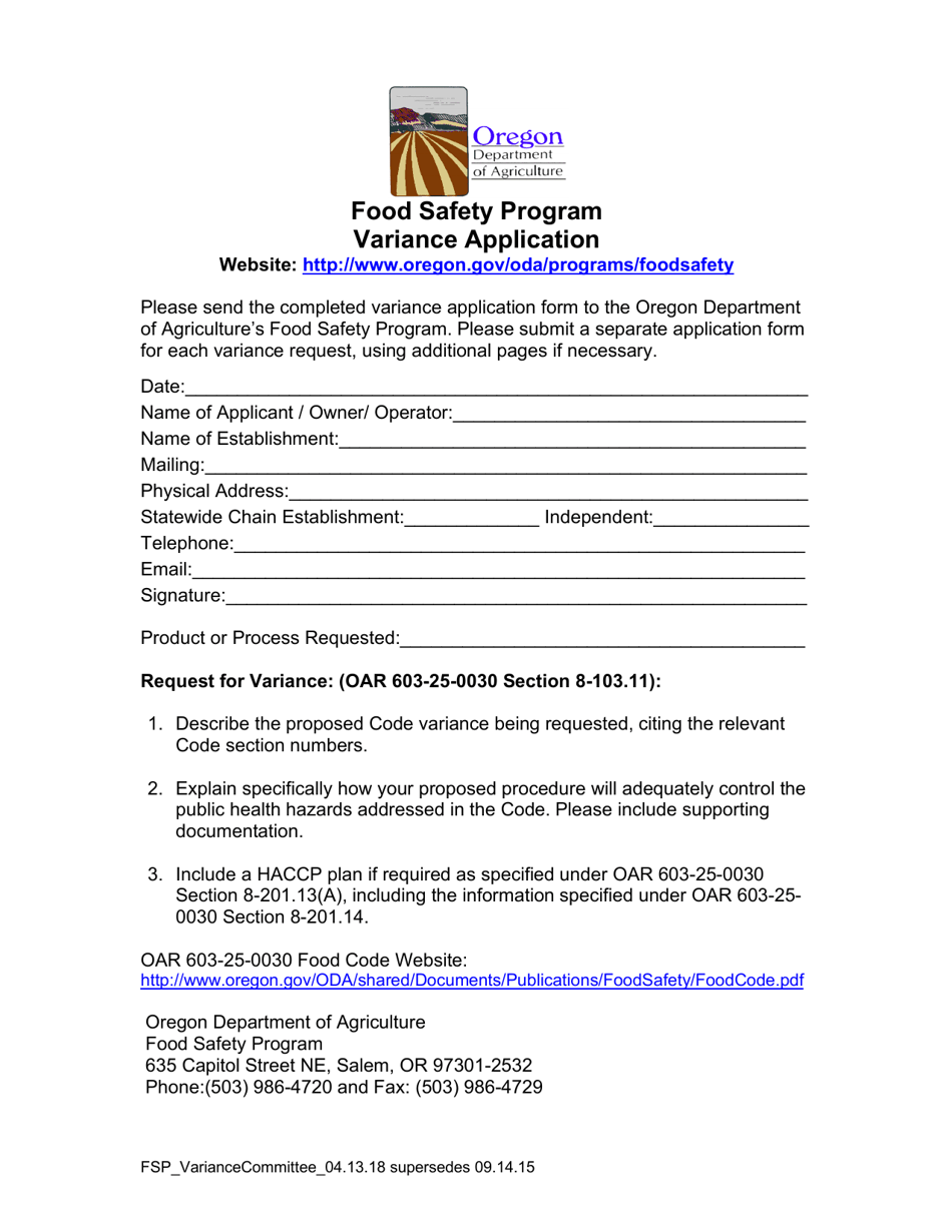Oregon Variance Packet for Cured Time Temperature Control for Safety (Tcs) Food Fill Out, Sign