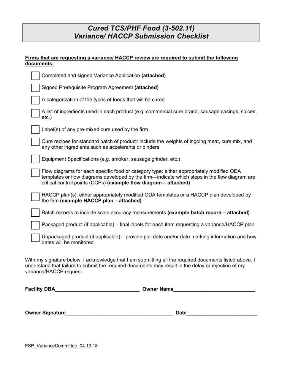 Oregon Variance Packet for Cured Time Temperature Control for Safety (Tcs) Food Fill Out, Sign