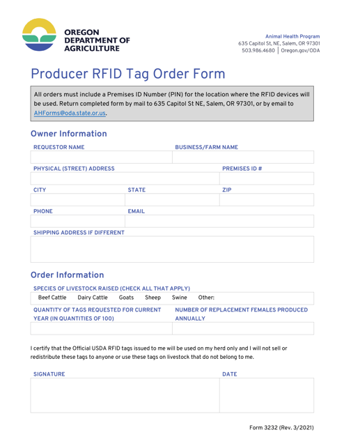 Form 3232 Producer Rfid Tag Order Form - Oregon