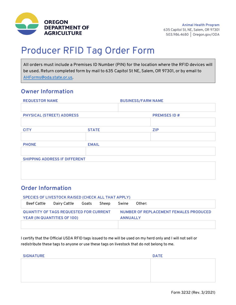 Form 3232 Producer Rfid Tag Order Form - Oregon, Page 1