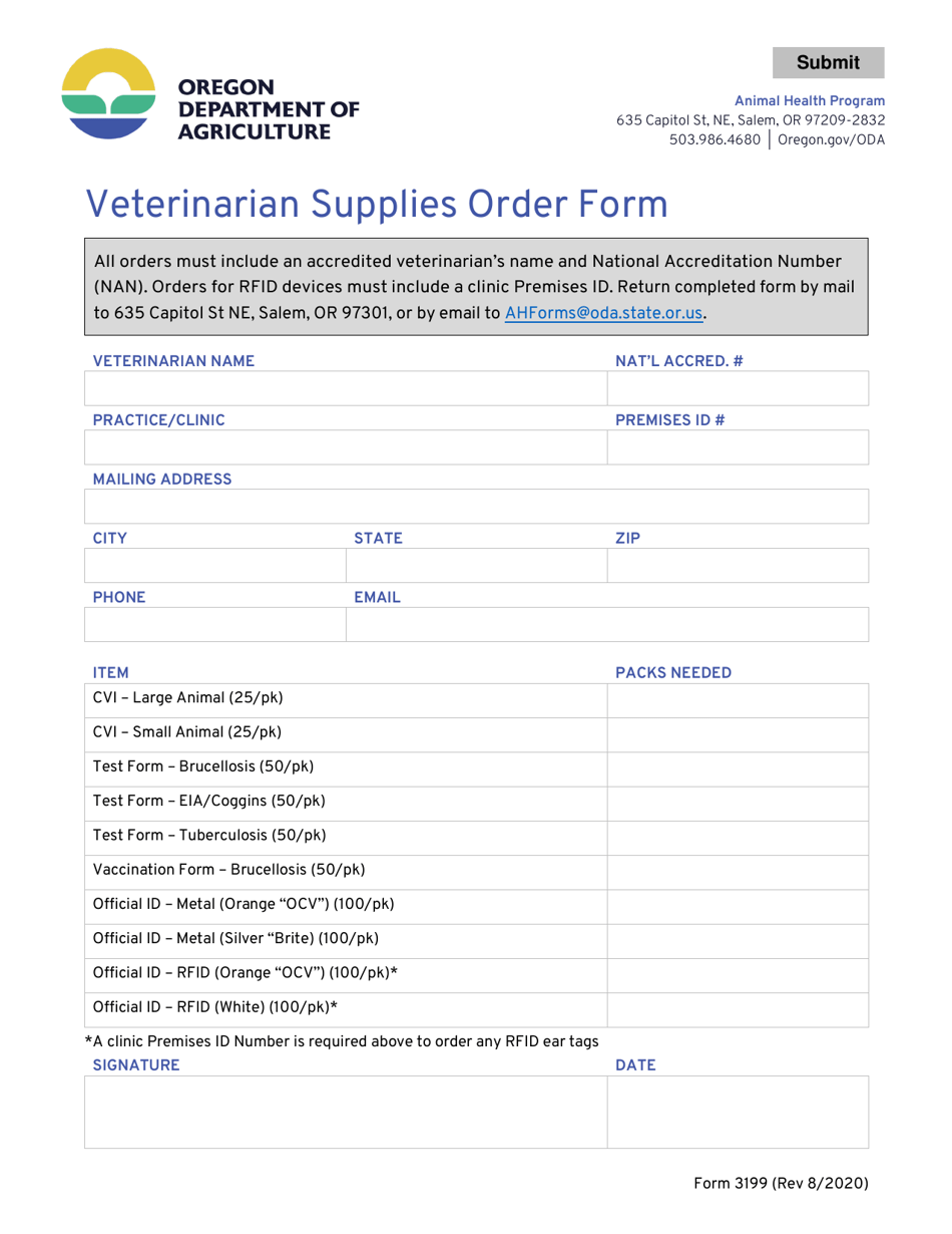 Form 3199 Veterinarian Supplies Order Form - Oregon, Page 1
