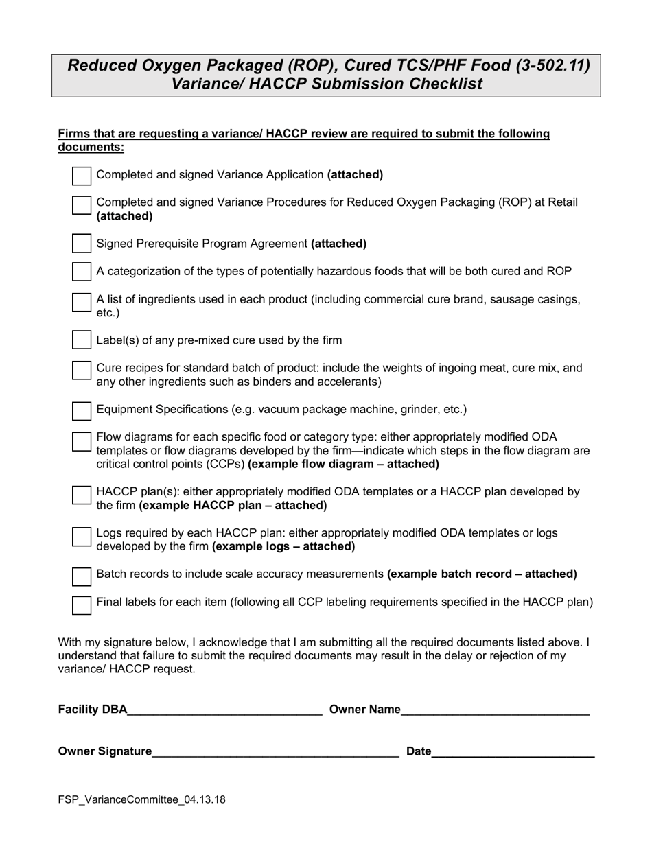 Variance Packet for Reduced Oxygen Packaged (Rop) and Cured Food - Oregon, Page 1