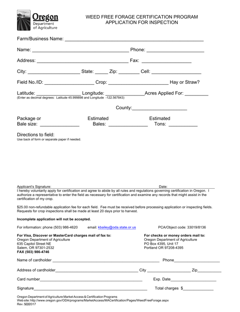 Application for Inspection - Weed Free Forage Certification Program - Oregon