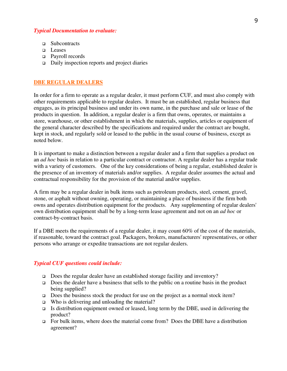 Commercially Useful Function Checklist - Oregon, Page 9