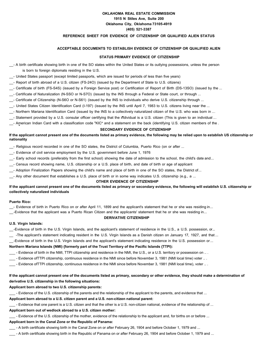 Acceptable Documents to Establish Evidence of Citizenship or Qualified Alien Status Reference Sheet - Oklahoma, Page 1