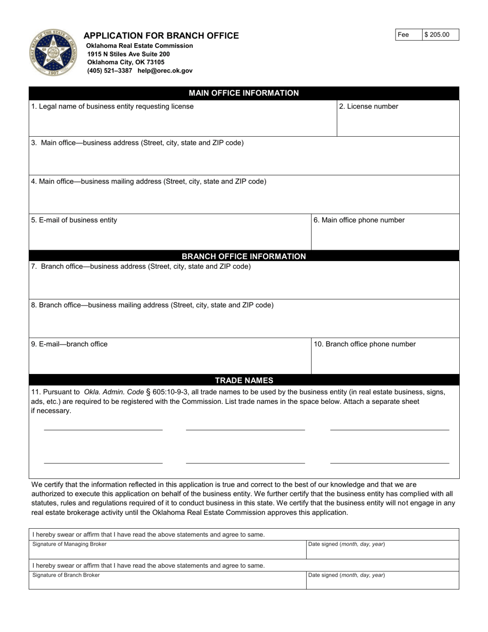 Application for Branch Office - Oklahoma, Page 1