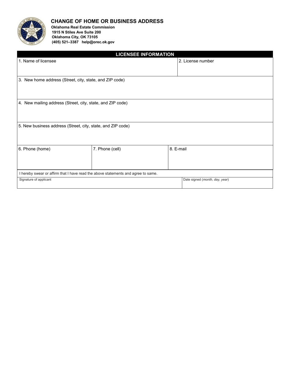 Change of Home or Business Address - Oklahoma, Page 1