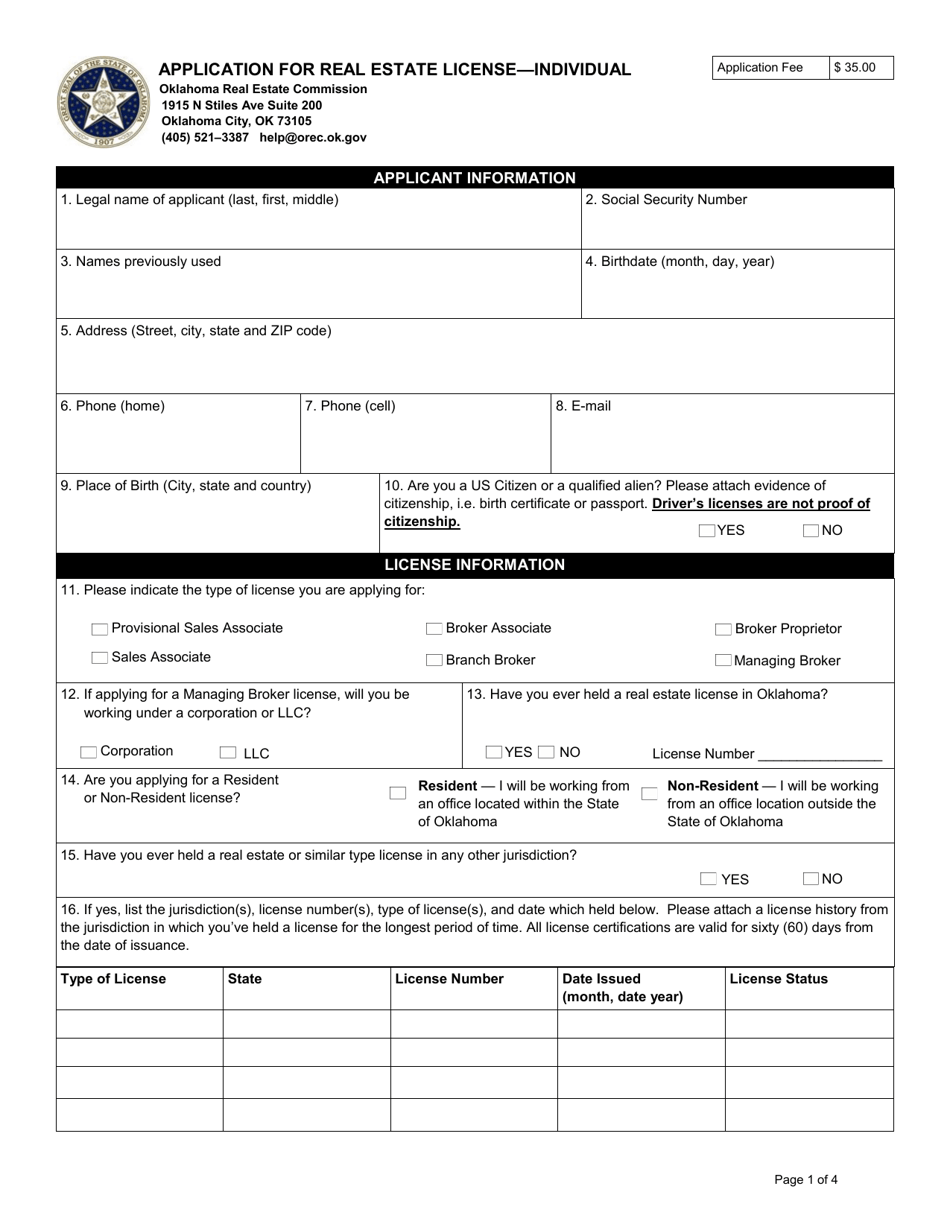 Application for Real Estate License - Individual - Oklahoma, Page 1