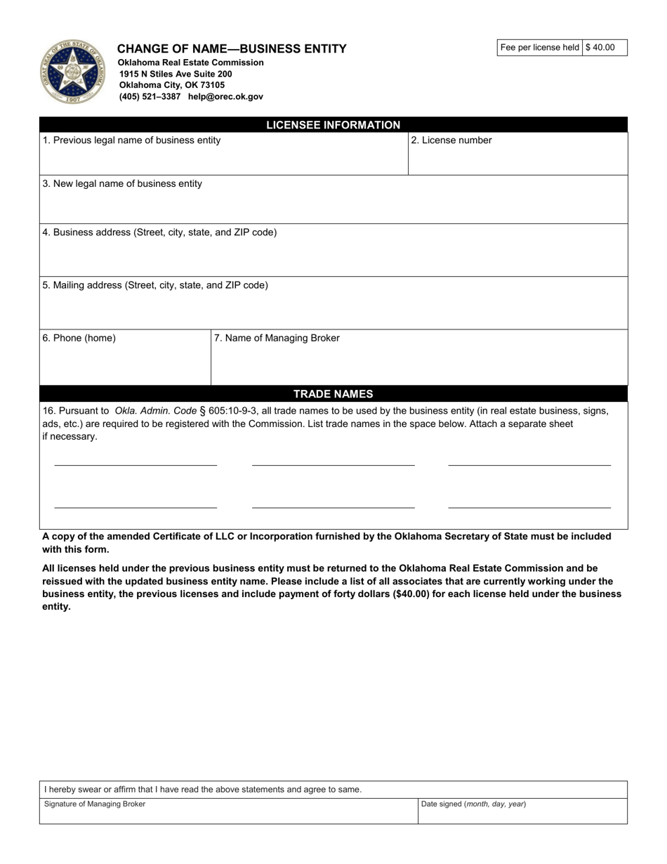 Change of Name - Business Entity - Oklahoma, Page 1