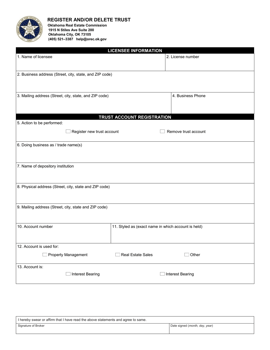 Register and / or Delete Trust Account - Oklahoma, Page 1