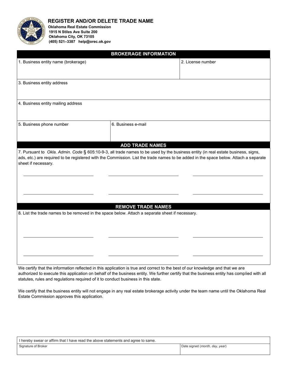 Register and / or Delete Trade Name - Oklahoma, Page 1