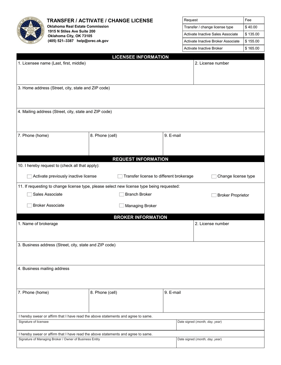 Transfer / Activate / Change License - Oklahoma, Page 1