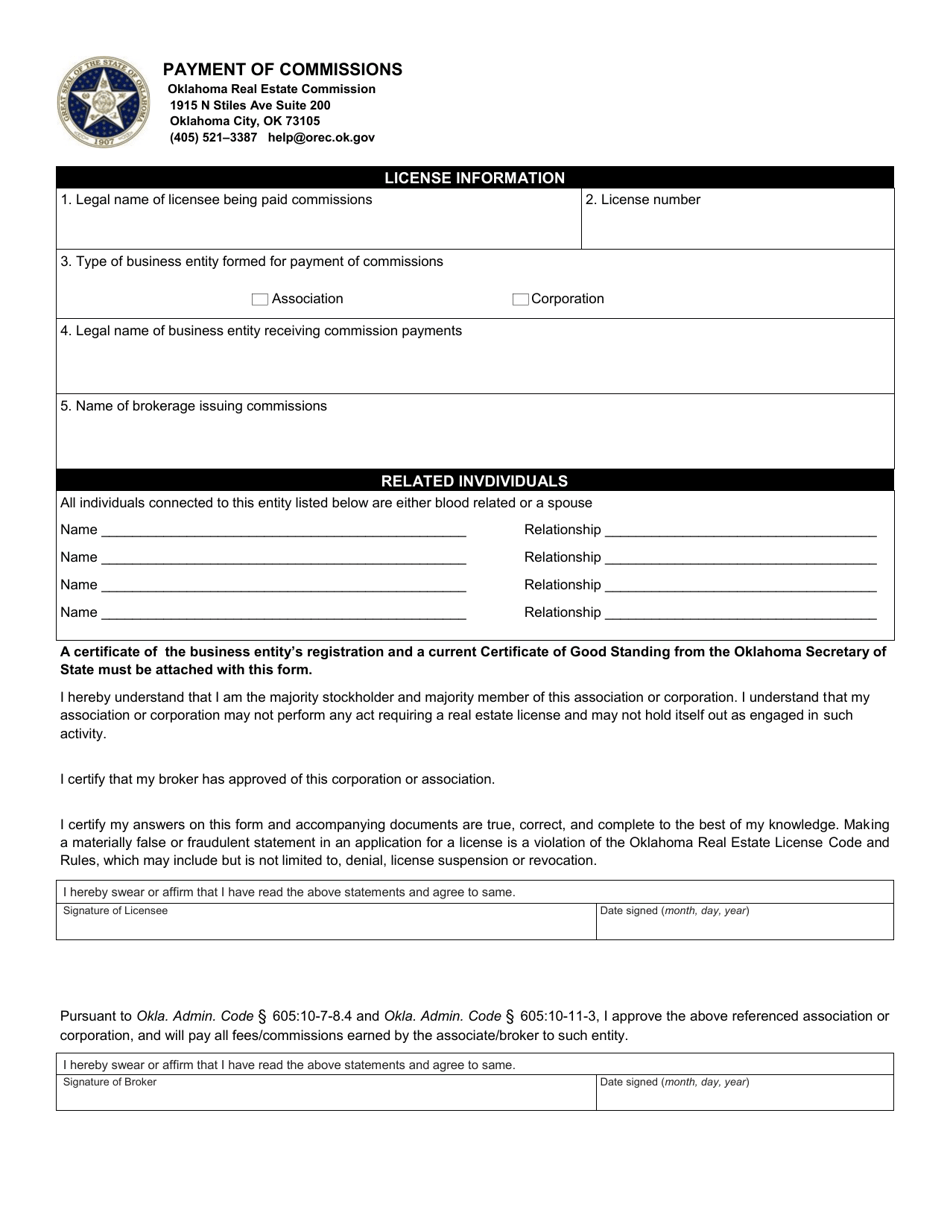 Request for Payment of Commissions Approval - Oklahoma, Page 1