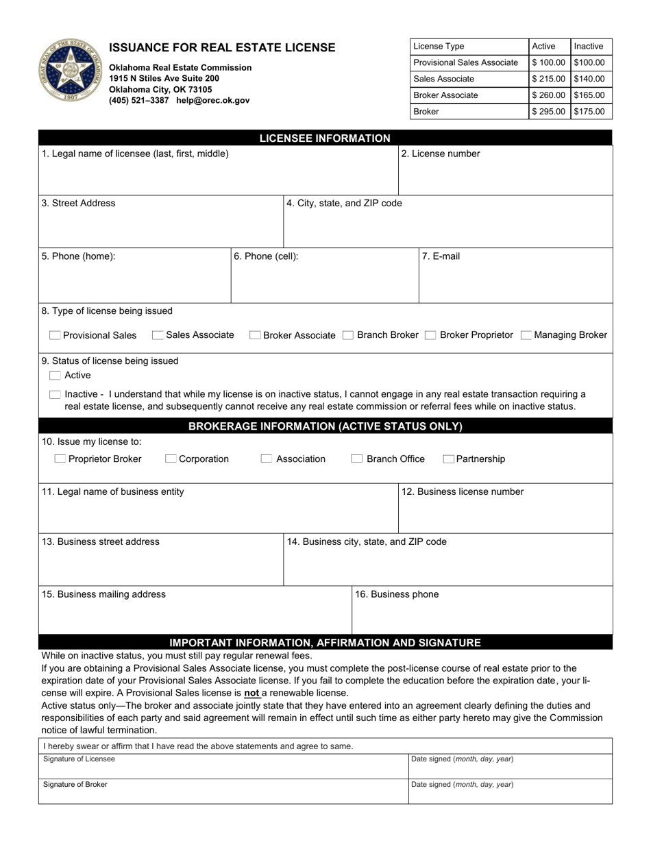 Oklahoma Issuance for Real Estate License Fill Out, Sign Online and
