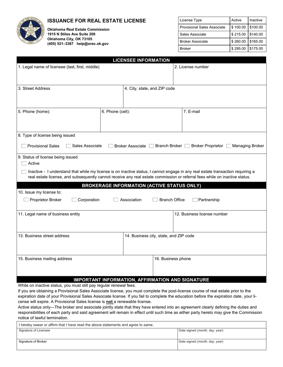 Issuance for Real Estate License - Oklahoma, Page 1