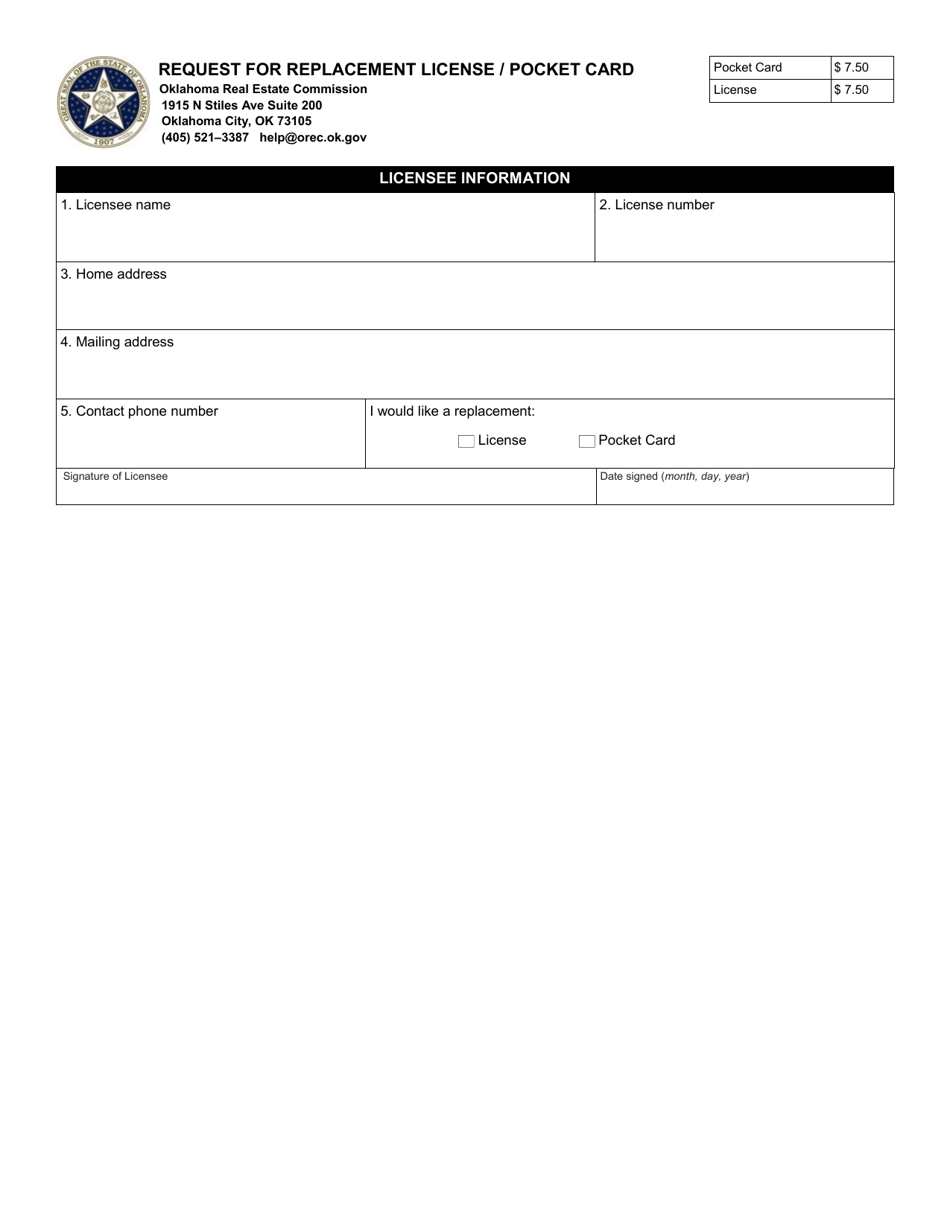 Request for Replacement License / Pocket Card - Oklahoma, Page 1