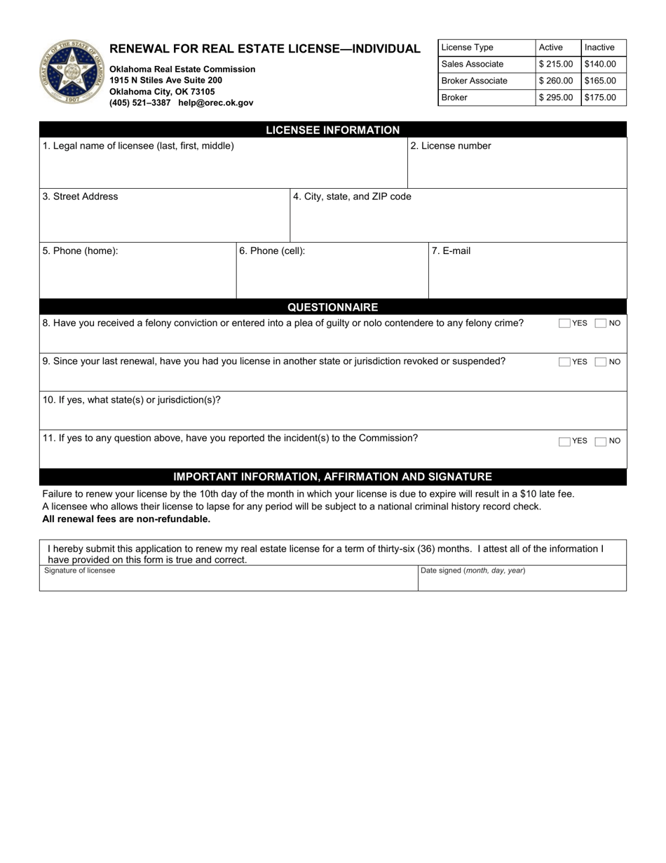 Oklahoma Renewal for Real Estate License Individual Download Fillable