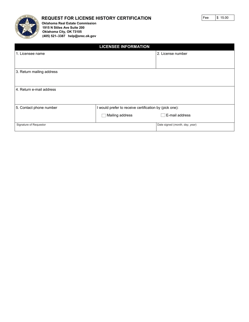 Request for License History Certification - Oklahoma, Page 1