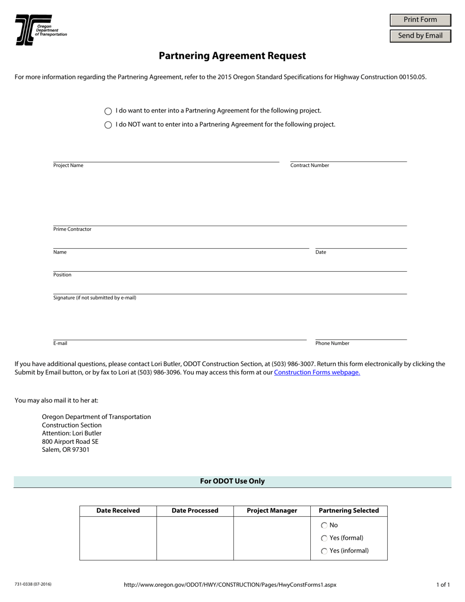 Form 734-0338 Partnering Agreement Request - Oregon, Page 1