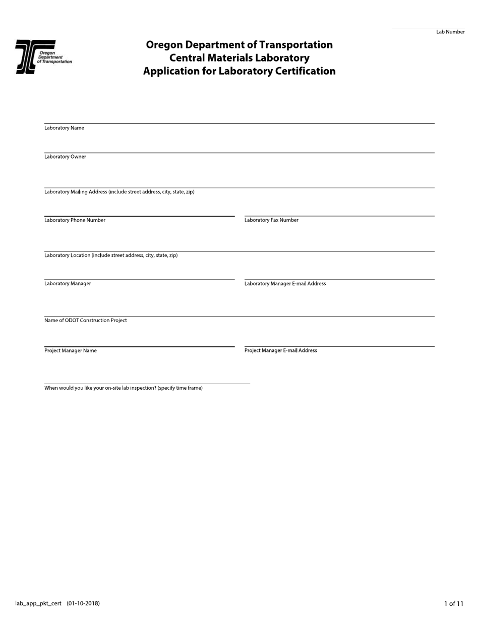 Application for Laboratory Certification - Oregon, Page 1