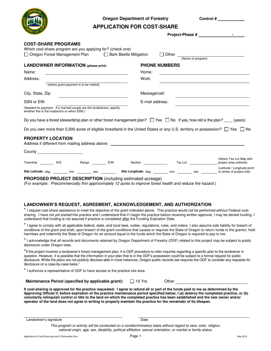 Application for Cost-Share - Oregon, Page 1