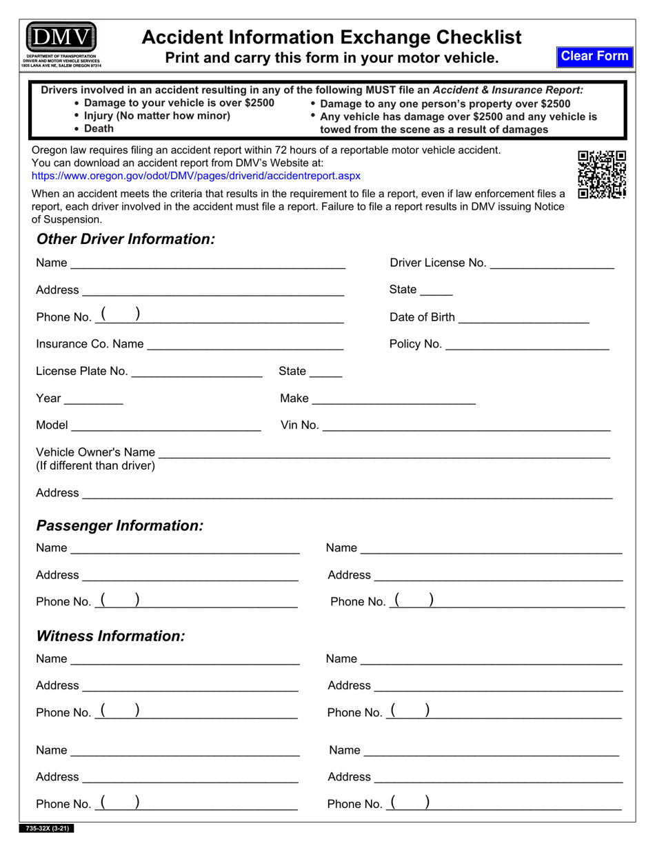 Form 735-32X Accident Information Exchange Checklist - Oregon, Page 1