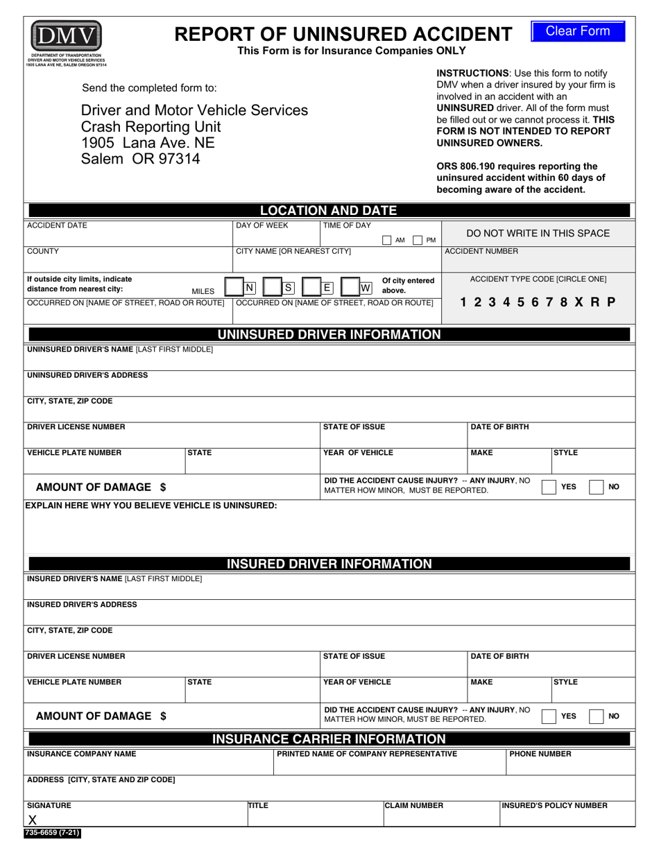 Form 735-6659 Report of Uninsured Accident - Oregon, Page 1