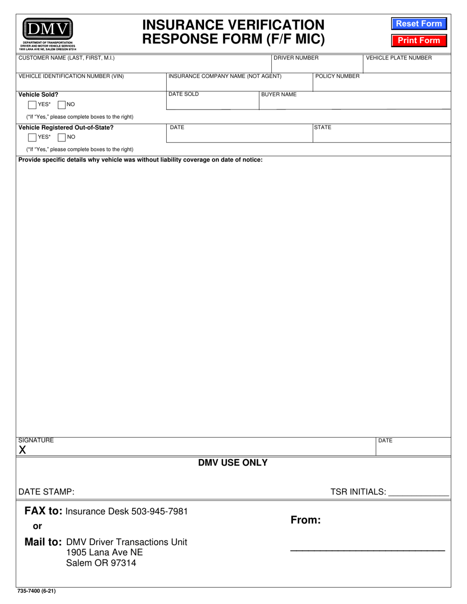Form 735-7400 Insurance Verification Response Form (F / F Mic) - Oregon, Page 1