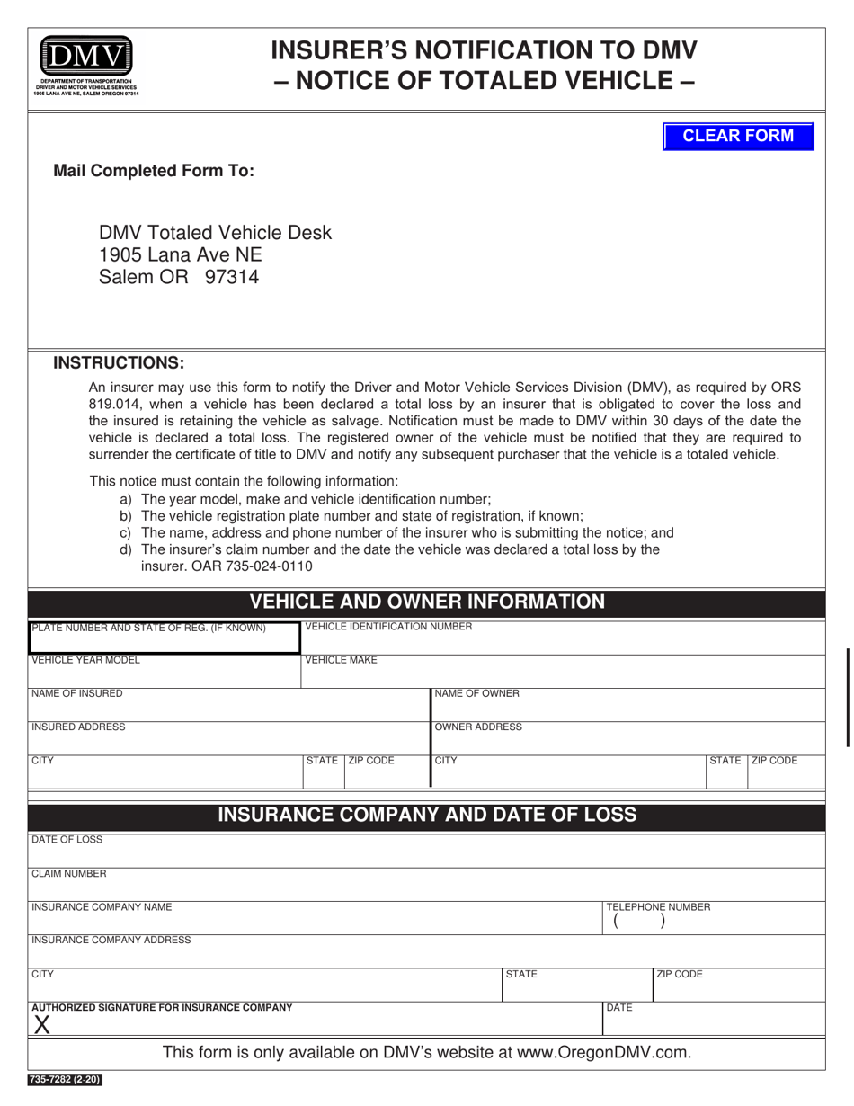 Form 735-7282 Insurers Notification to DMV - Notice of Totaled Vehicle - Oregon, Page 1