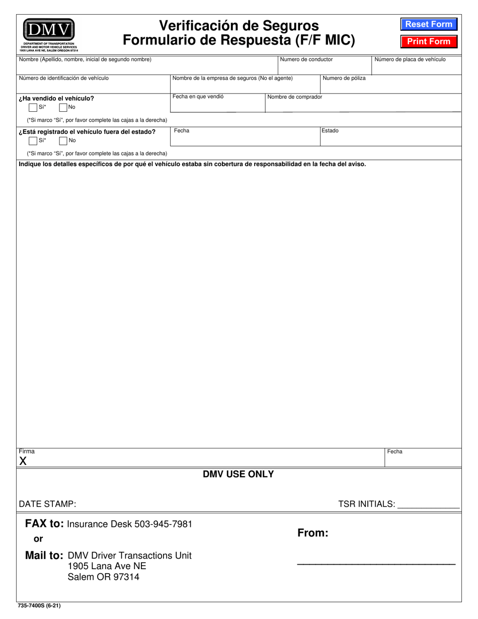 Formulario 735-7400S Verificacion De Seguros Formulario De Respuesta (F / F Mic) - Oregon (Spanish), Page 1