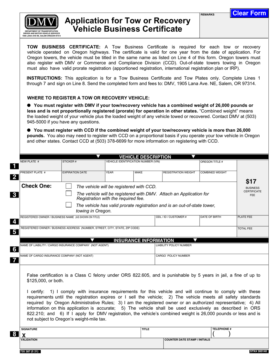 Form 735-387 Application for Tow or Recovery Vehicle Business Certificate - Oregon, Page 1