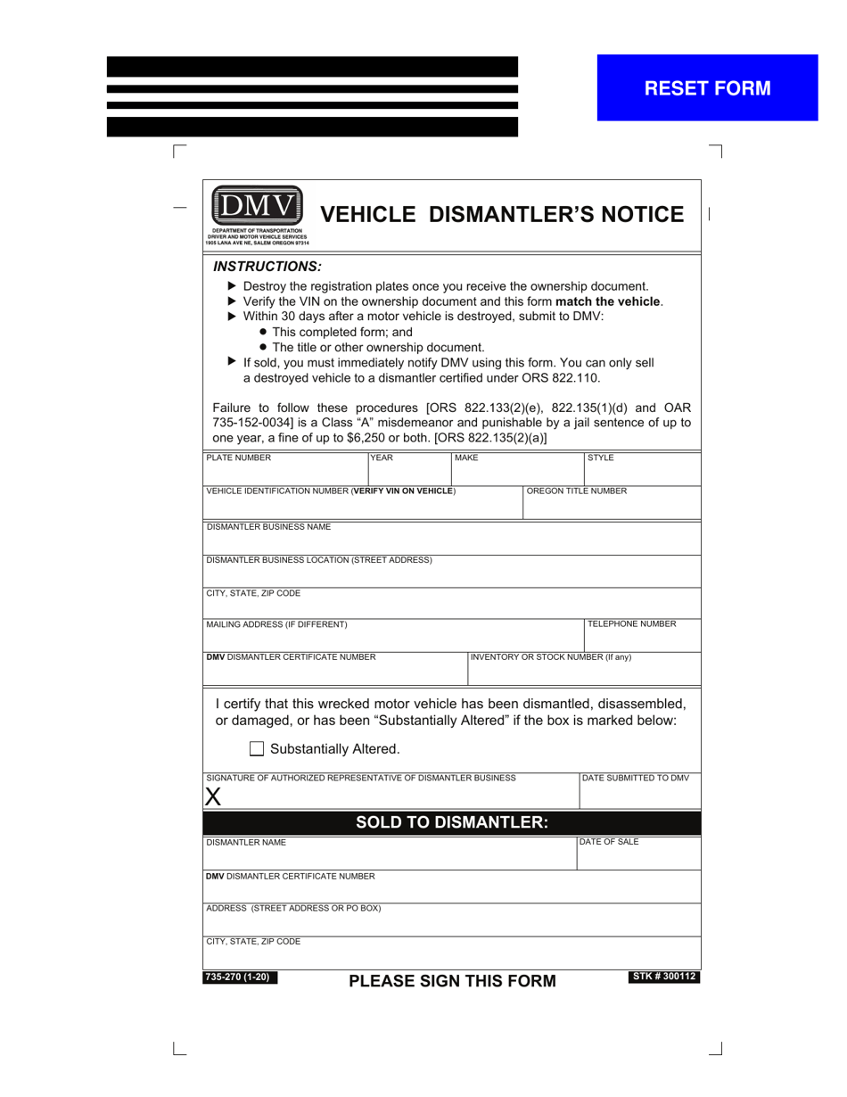 Form 735-270 Vehicle Dismantlers Notice - Oregon, Page 1