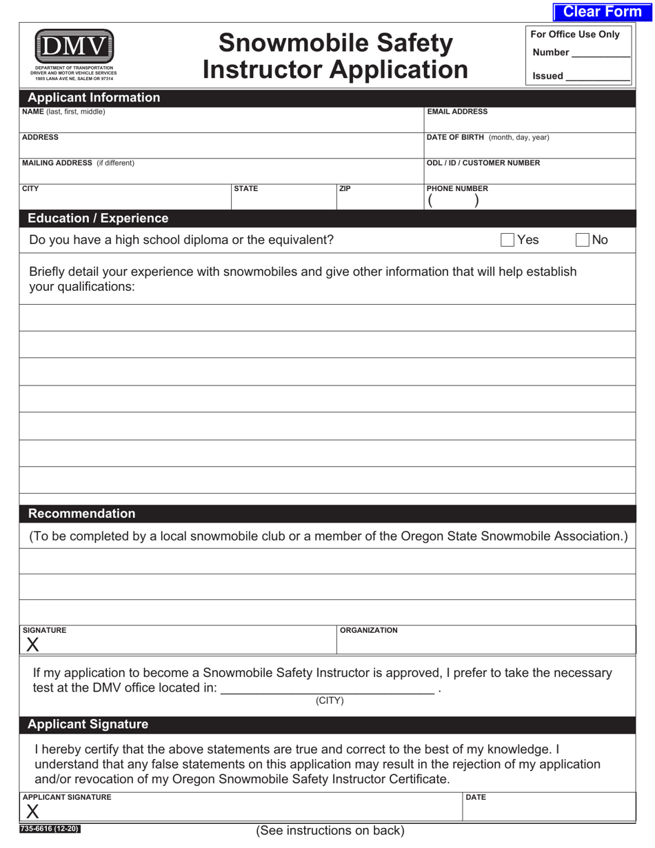 Form 735-6616 Snowmobile Safety Instructor Application - Oregon, Page 1
