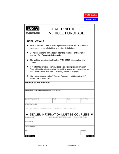 Form 735-165 Dealer Notice of Vehicle Purchase - Oregon