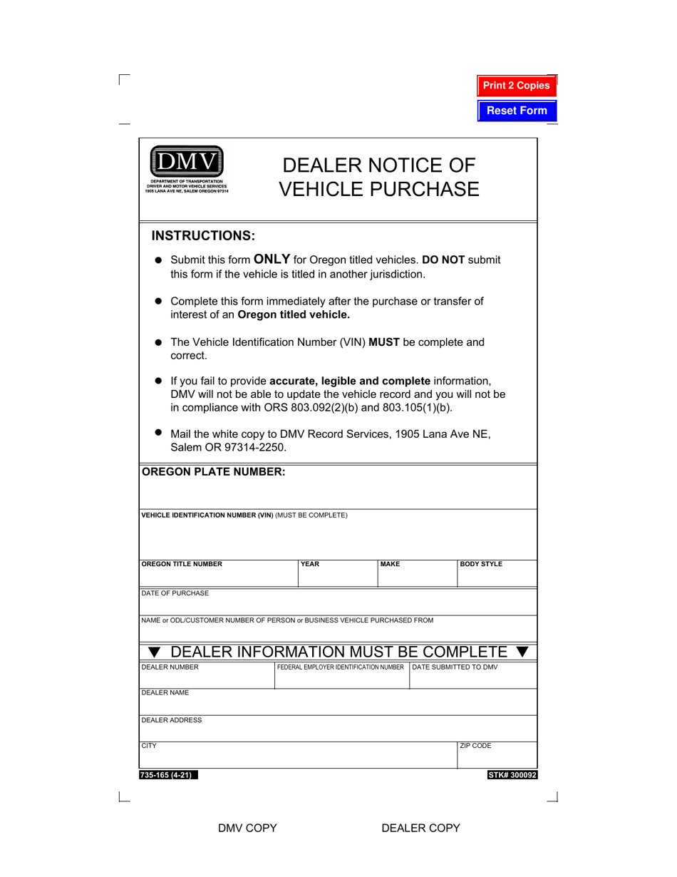 Form 735-165 Dealer Notice of Vehicle Purchase - Oregon, Page 1