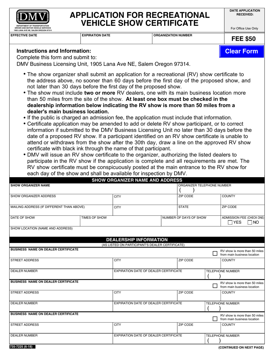 Form 735-7225 Application for Recreational Vehicle Show Certificate - Oregon, Page 1