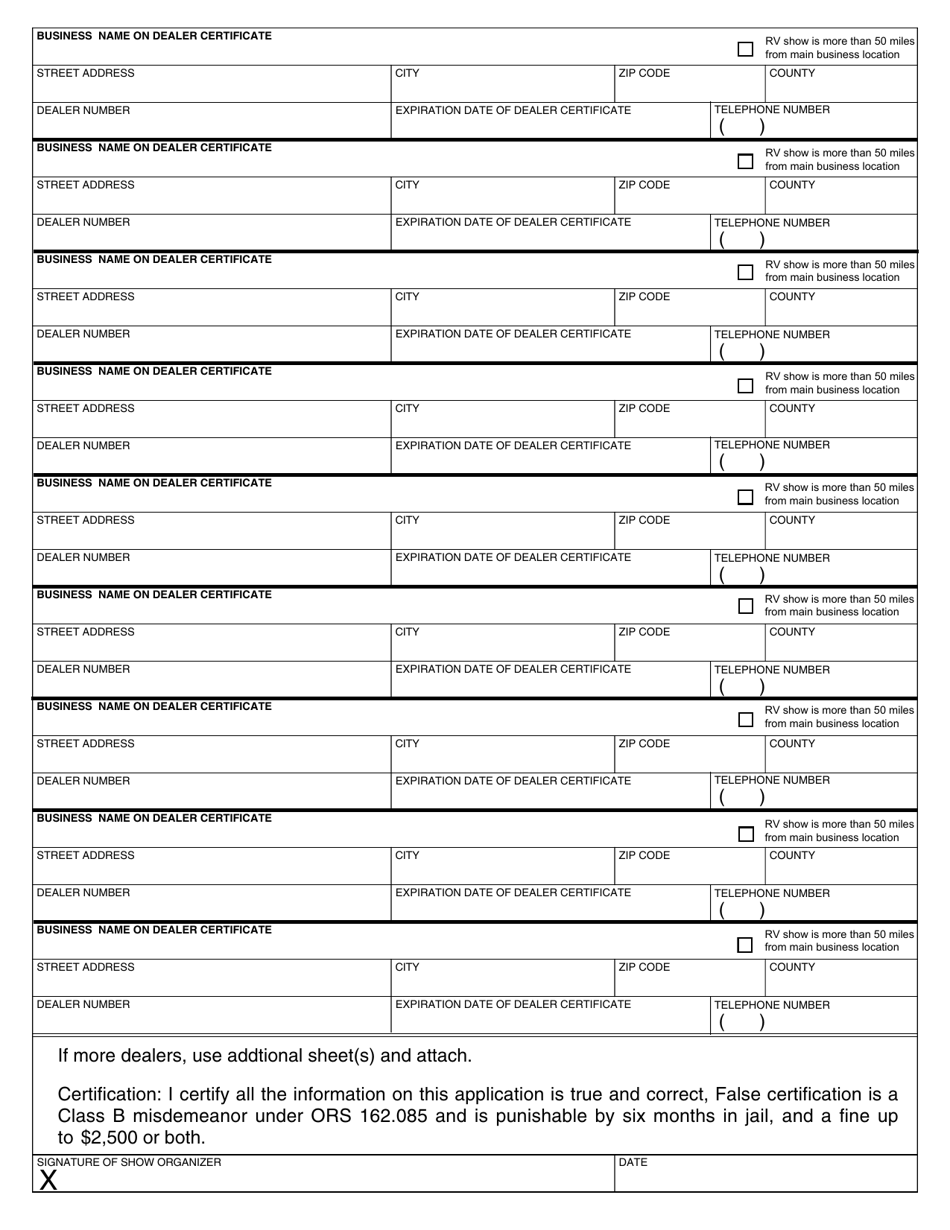 Form 735-7225 Application for Recreational Vehicle Show Certificate - Oregon, Page 2