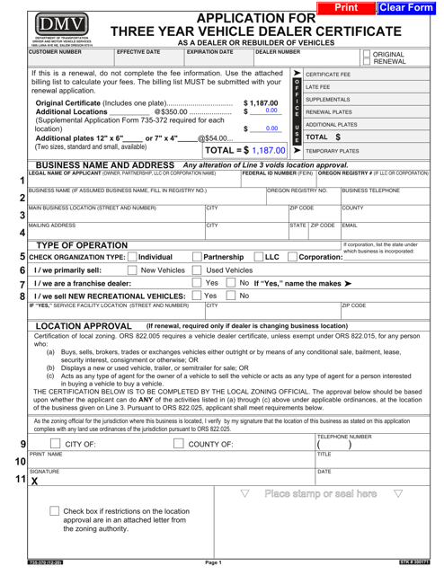 Form 735-370 Application for Three Year Vehicle Dealer Certificate as a Dealer or Rebuilder of Vehicles - Oregon