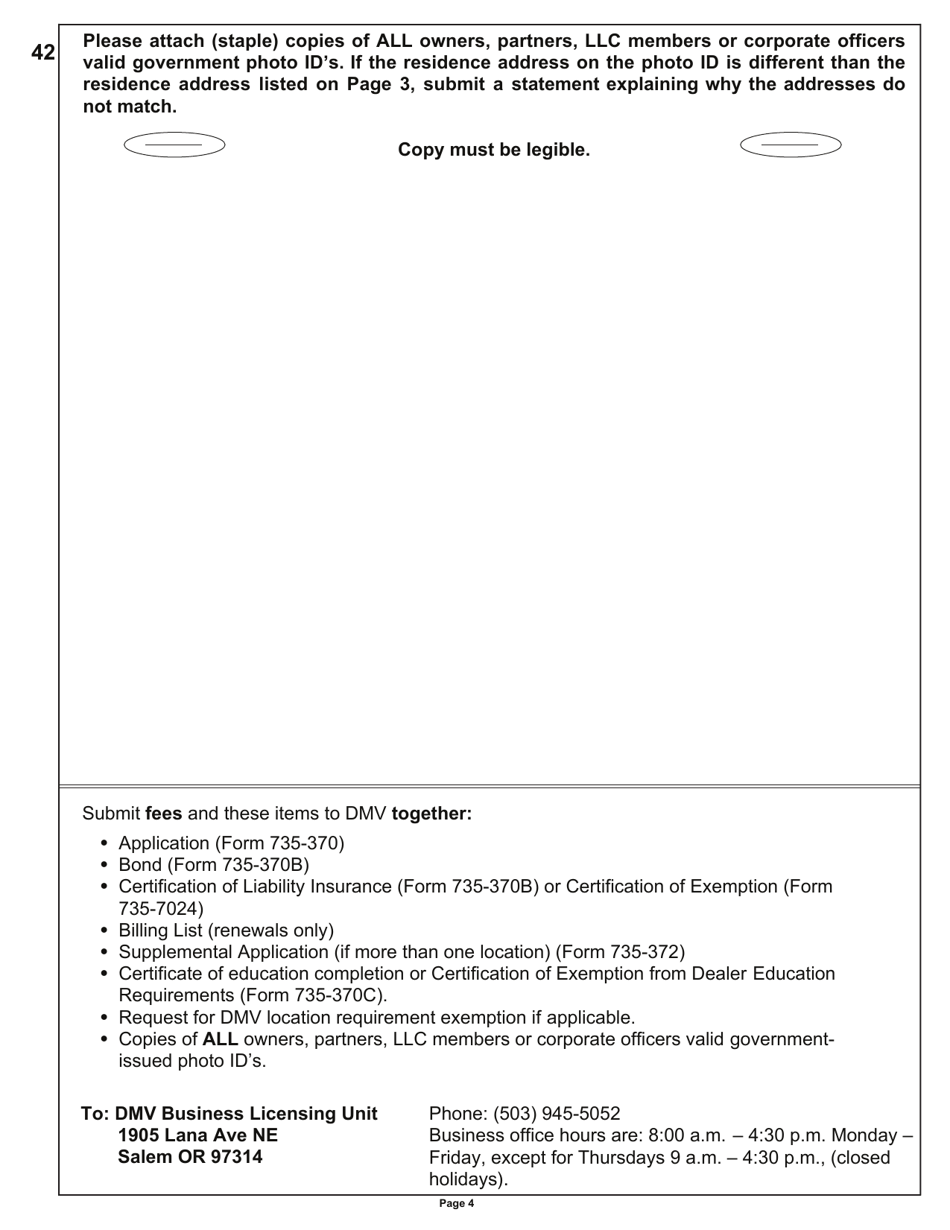 Form 735-370 Application for Three Year Vehicle Dealer Certificate as a Dealer or Rebuilder of Vehicles - Oregon, Page 4
