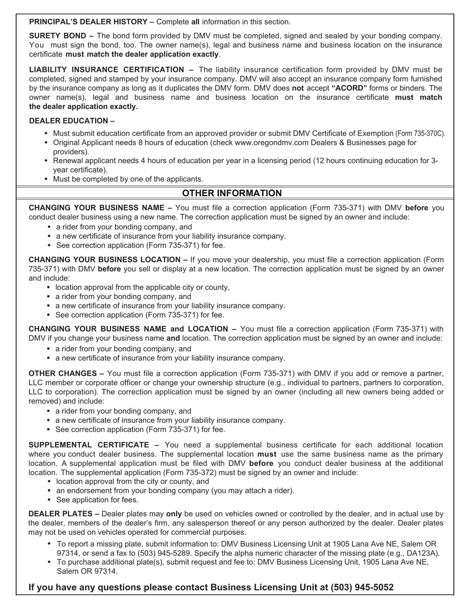 Instructions for Form 735-370 Application for Three Year Vehicle Dealer Certificate as a Dealer or Rebuilder of Vehicles - Oregon, Page 2